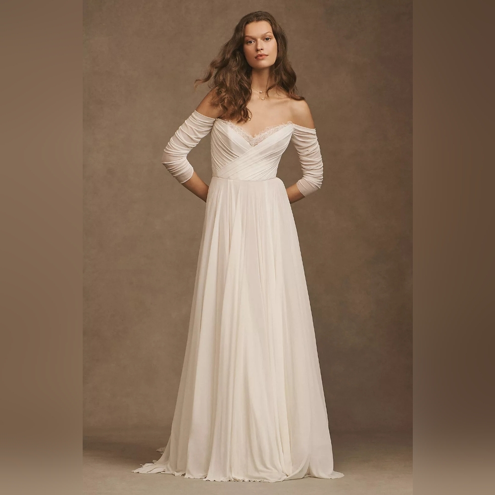 Wtoo by Watters Miles V-Neck Ruched-Sleeve Mesh Wedding Gown size 15